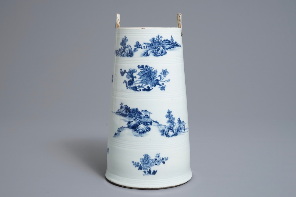 A Chinese blue and white butter churn with landscape design, Qianlong