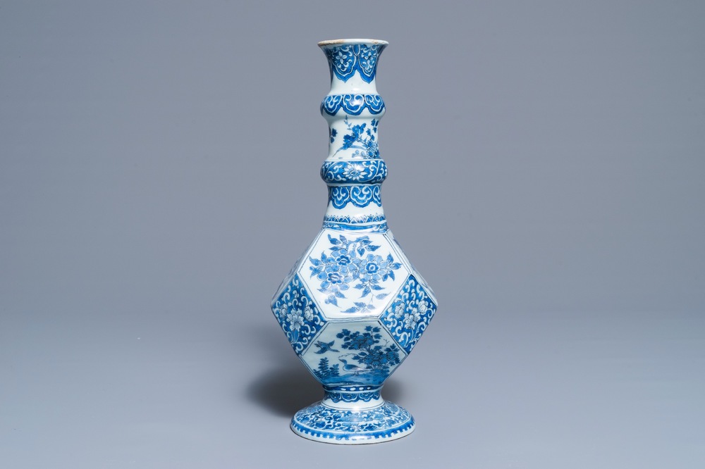 A Dutch Delft blue and white facetted bottle vase, last quarter 17th C.