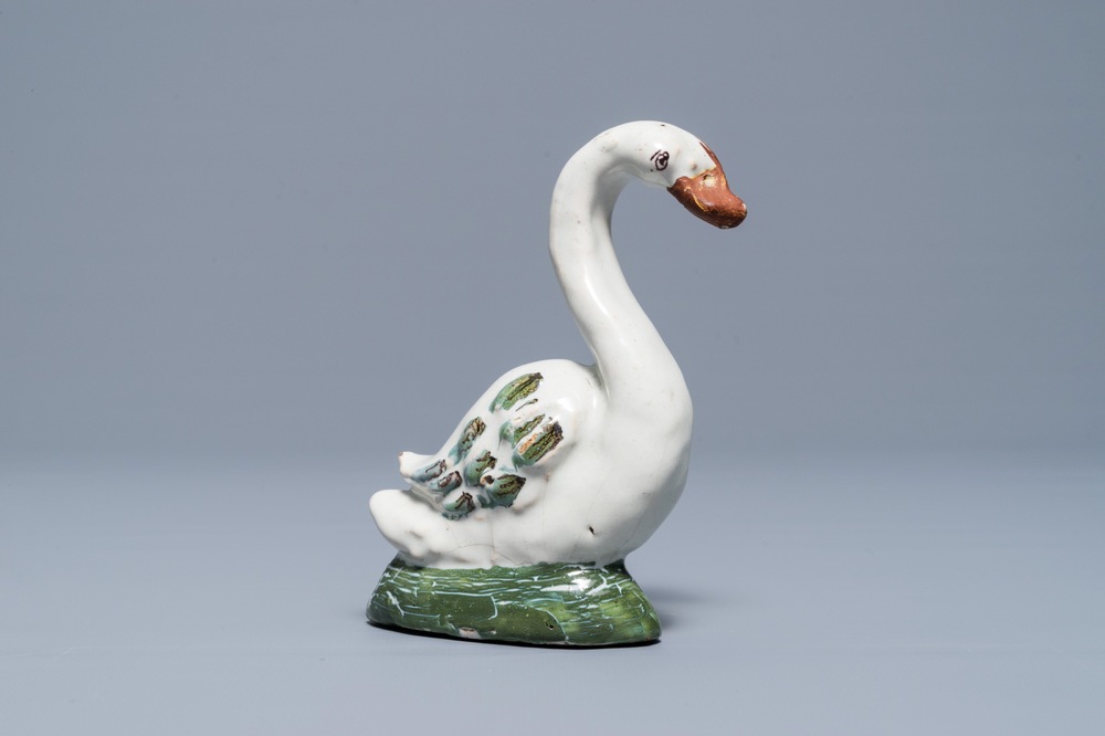 A polychrome Dutch Delft model of a swan, 18th C.