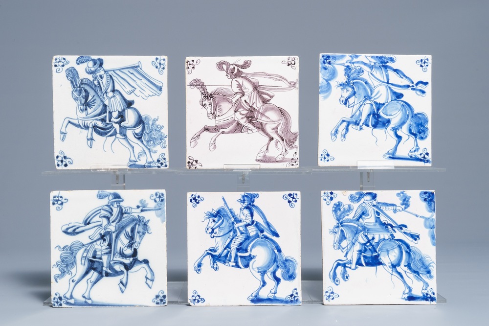 Six Dutch Delft blue, white and manganese tiles with fine horse riders, 17/18th C.