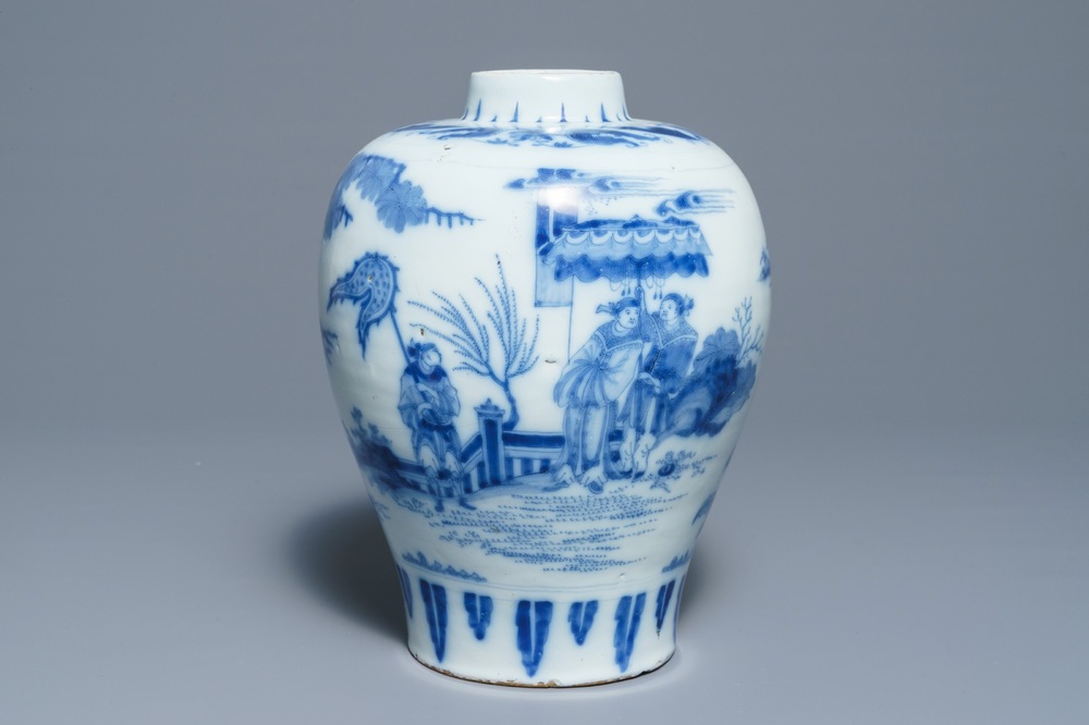 A Dutch Delft blue and white chinoiserie vase, last quarter 17th C.