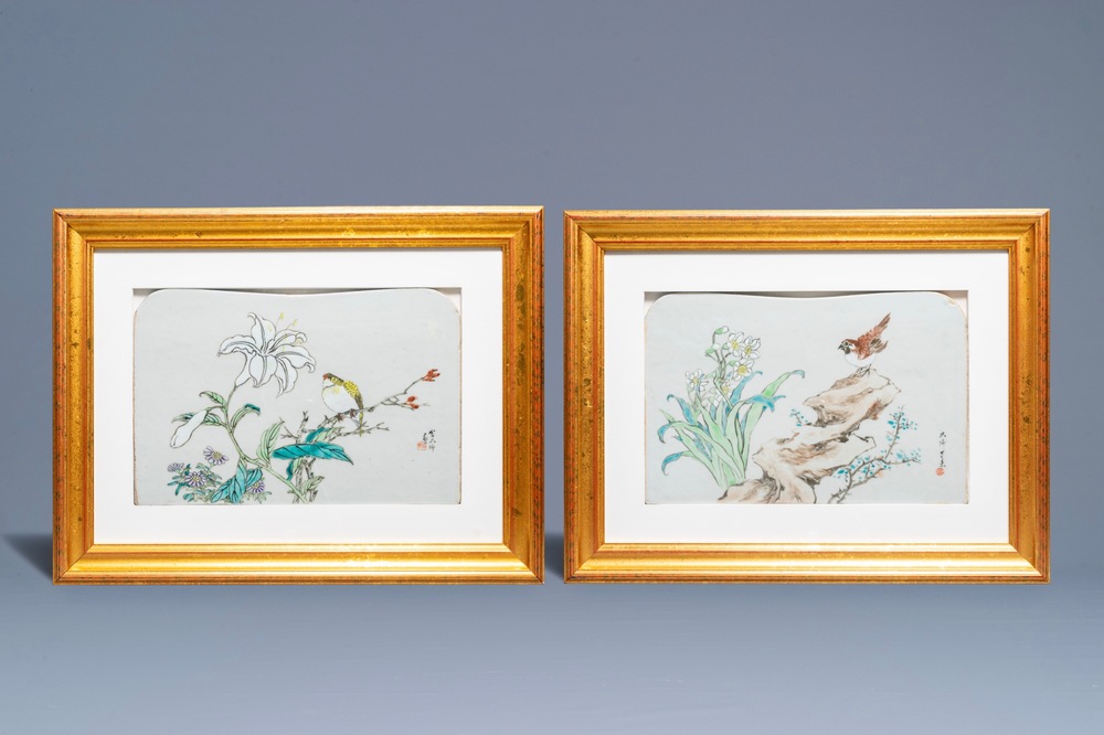 Two framed Chinese qianjiang cai plaques, Jin Pin Qing, 19th C.