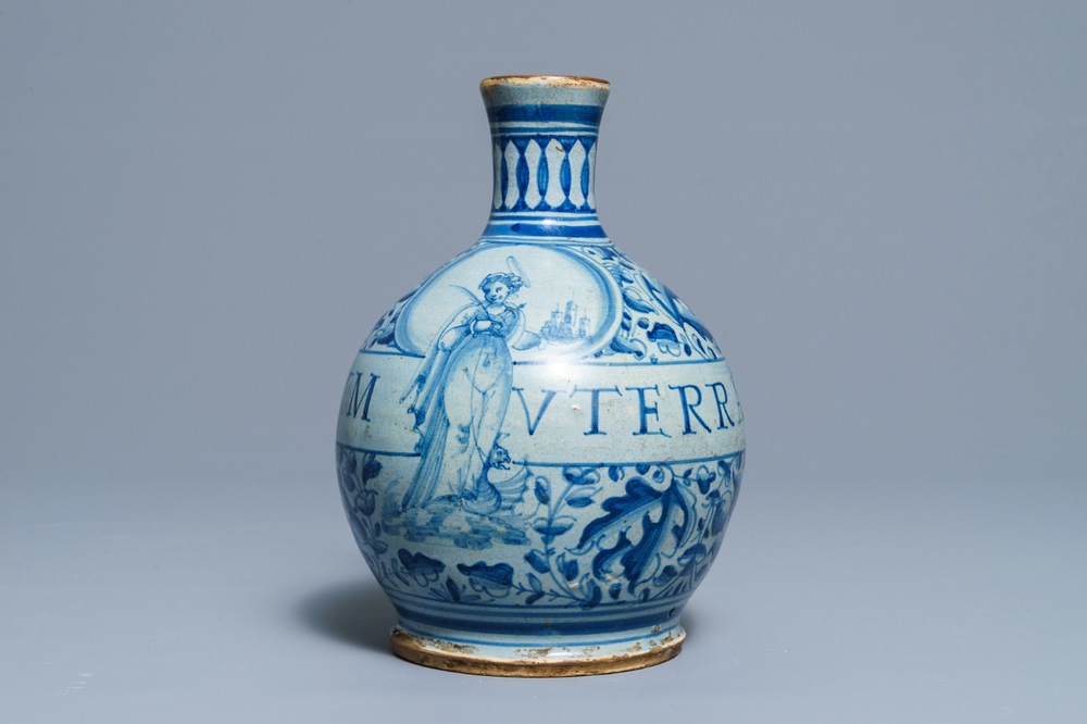 An Italian maiolica pharmacy bottle with Saint Margaret of Antioch, dated 1578