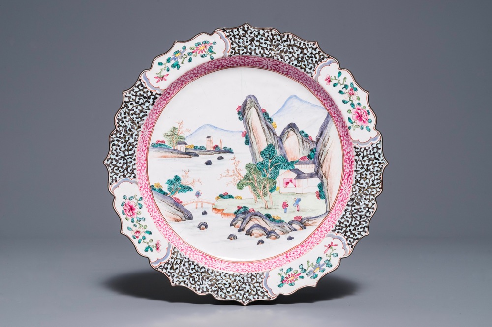 A Chinese Canton enamel 'mountain landscape' plate, Qianlong