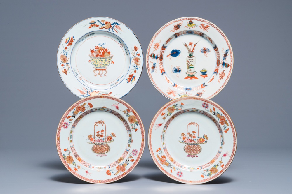 Four Chinese famille rose and verte plates, Kangxi/Yongzheng