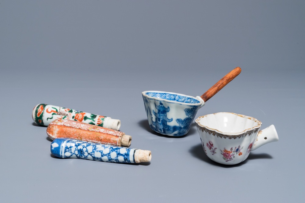 Three Chinese famille verte, rose and blue and white knife handles and two ladles, Kangxi/Qianlong