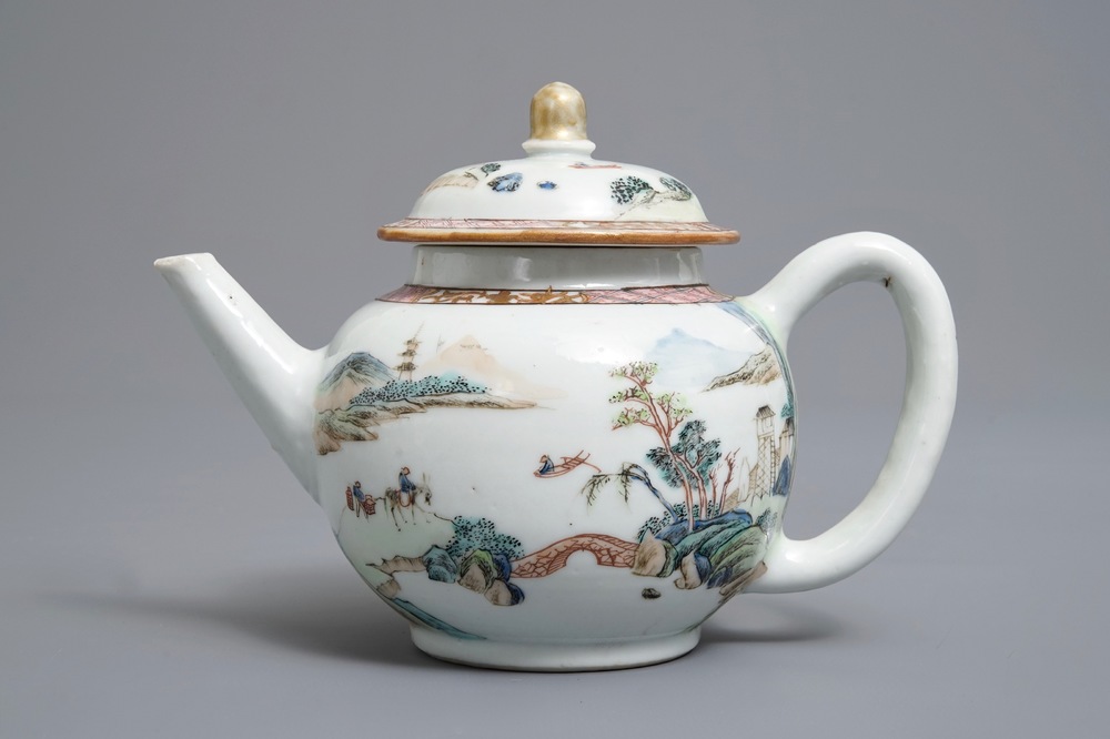 A Chinese famille rose teapot with travelers in a landscape, Yongzheng