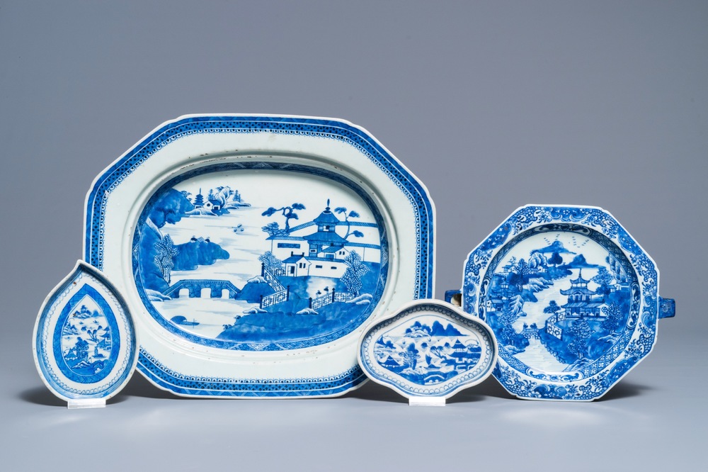 Four pieces of Chinese blue and white porcelain, Qianlong and 19th C.