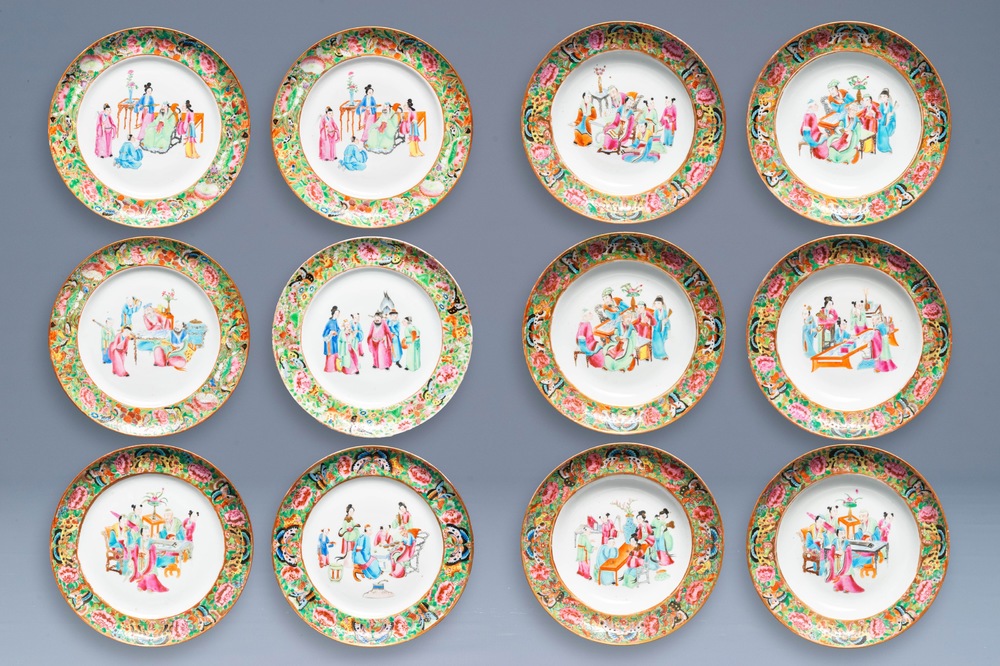 Douze assiettes en porcelaine de Chine famille rose de Canton, Daoguang