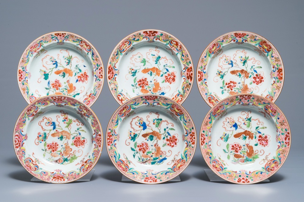 Six Chinese famille rose soup plates with squirrels among grape vines, Qianlong