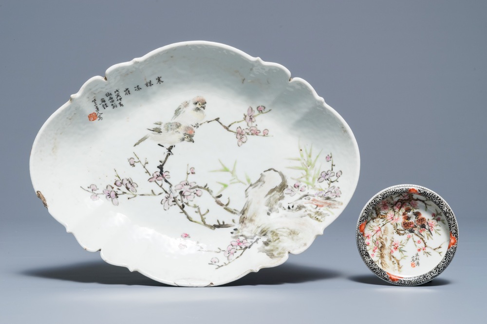 A Chinese qianjiang cai stem bowl and a round brush washer, 20th C.