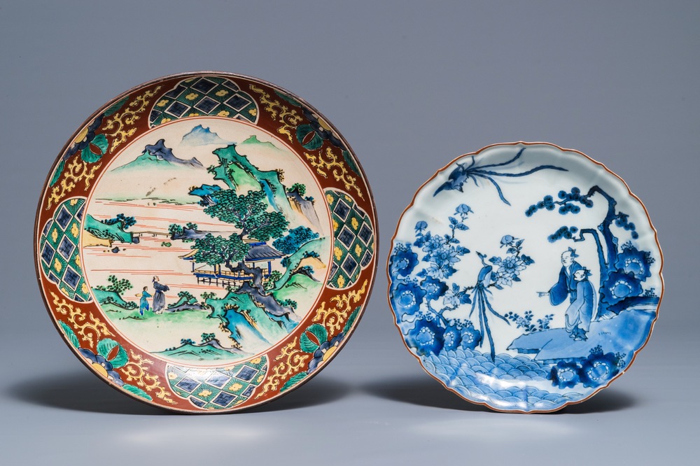 A Japanese blue and white Arita moulded plate and a Kutani dish, Edo/Meiji, 17th and 19th C.