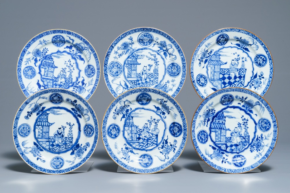 Six Chinese blue and white plates with a boy on a terrace, Kangxi