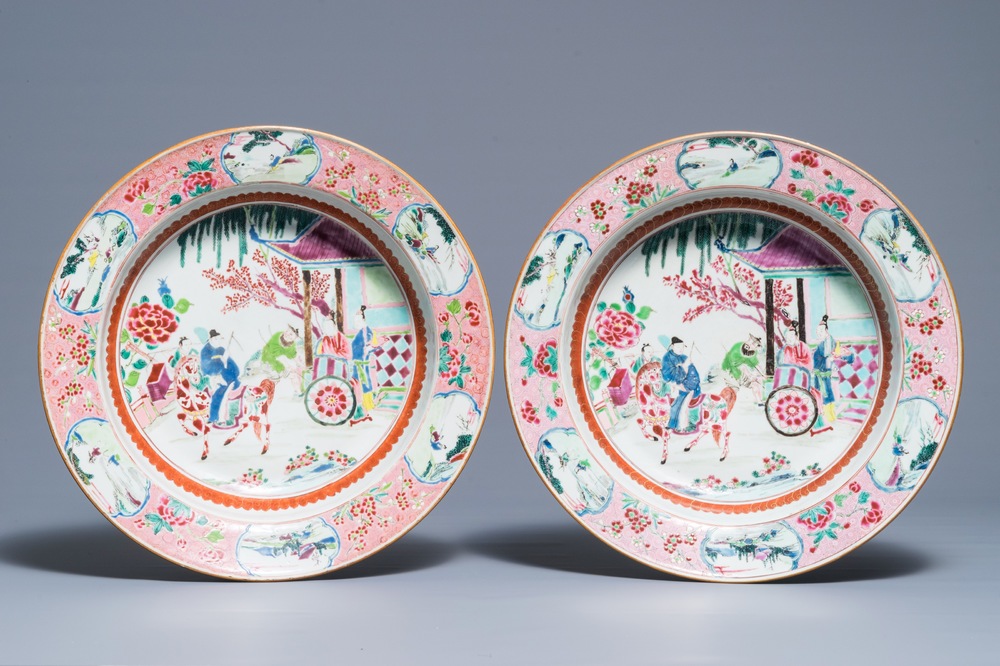 A pair of Chinese famille rose 'Romance of the Western chamber' basins, Yongzheng