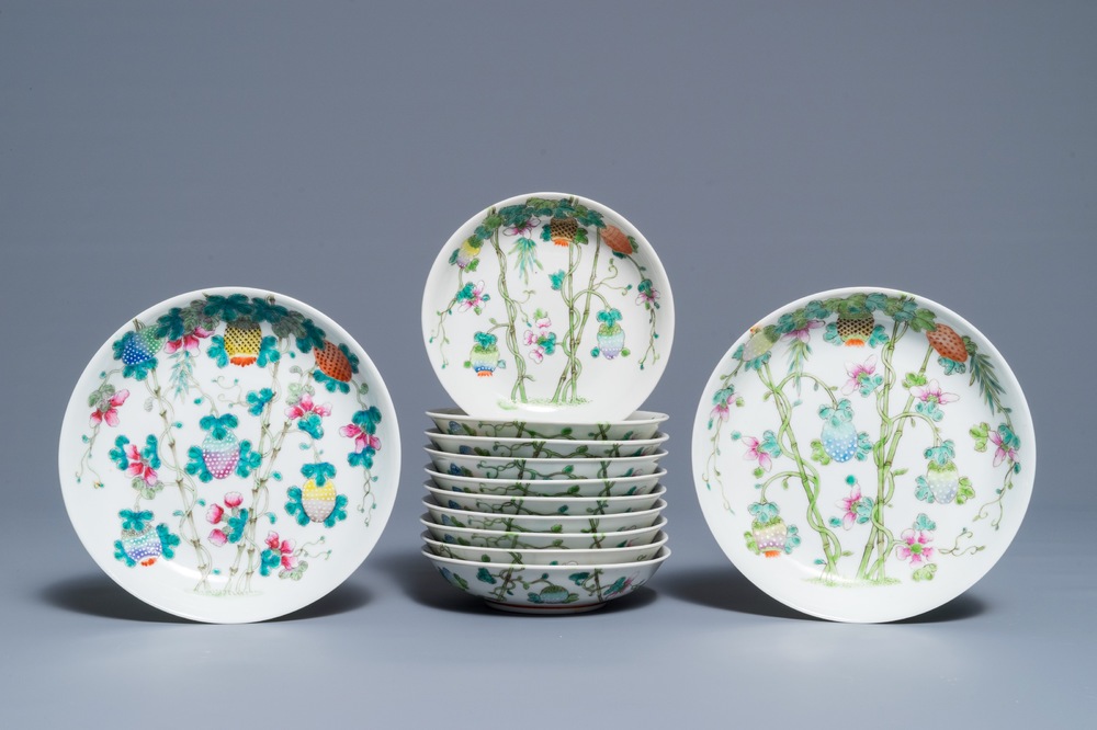 Twelve Chinese famille rose plates with balsam pears and bamboo, Qianlong and Guangxu marks, Republic, 20th C.