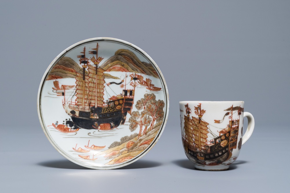 A Chinese grisaille and gilt cup and saucer with a large ship, Yongzheng/Qianlong