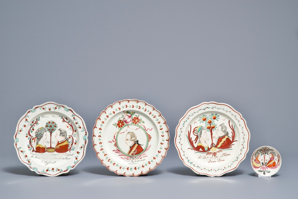 Three English creamware orangist plates and one saucer, 18th C.