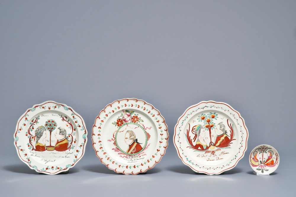 Drie borden en een schoteltje met orangistisch decor in Engelse creamware, 18e eeuw