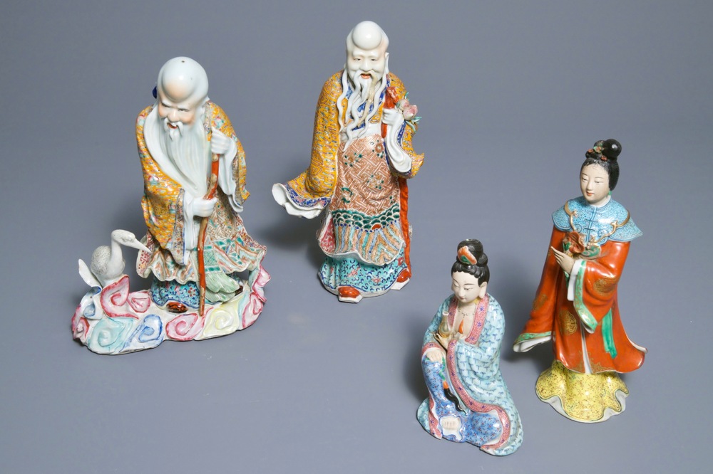 Four various Chinese famille rose figures, three with impressed marks, 19/20th C.