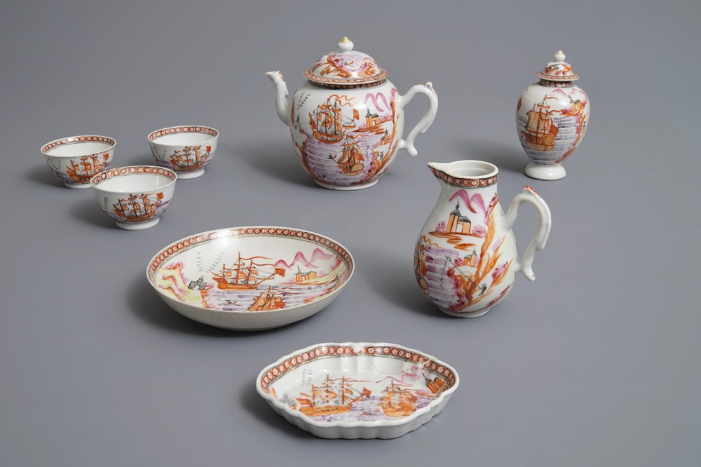 A Chinese famille rose 8-piece tea service with European ships, Qianlong