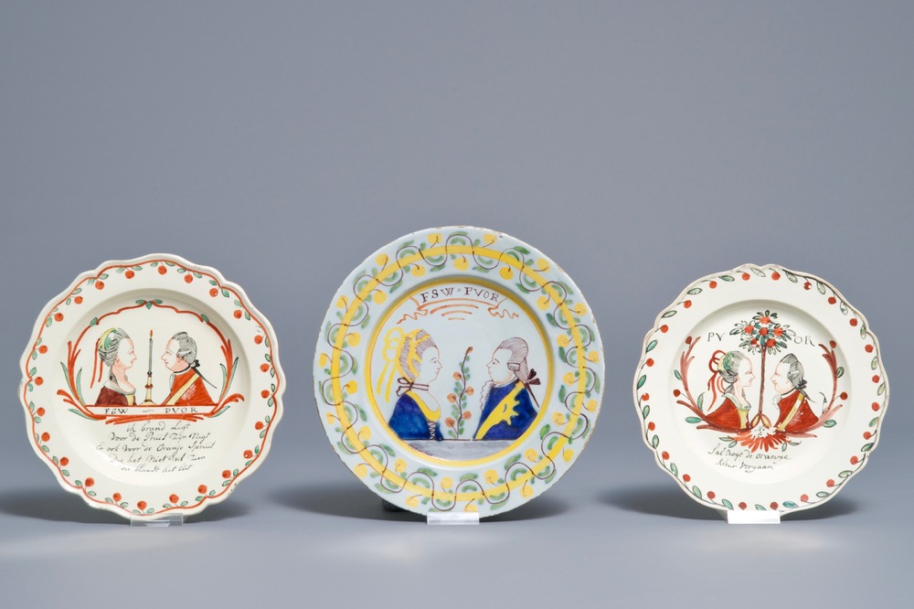 Three Dutch Delft and English creamware 'William &amp; Mary' plates, 18th C.