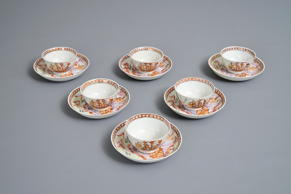 Six tasses et soucoupes en porcelaine de Chine famille rose &agrave; d&eacute;cor de navires, Qianlong