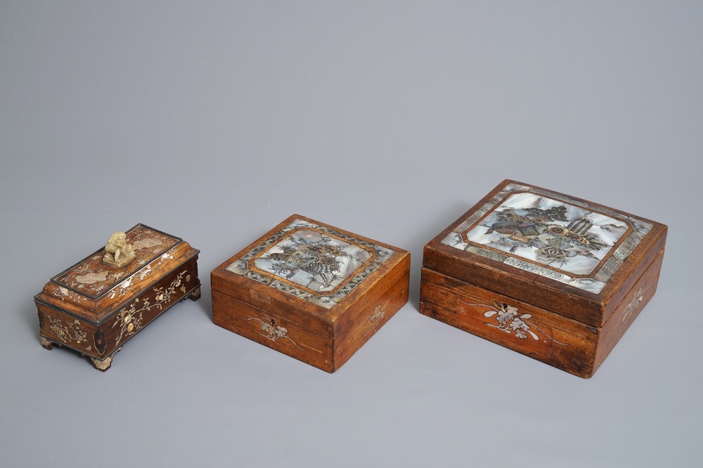 Three Chinese wooden boxes with mother of pearl inlay, 19th C.