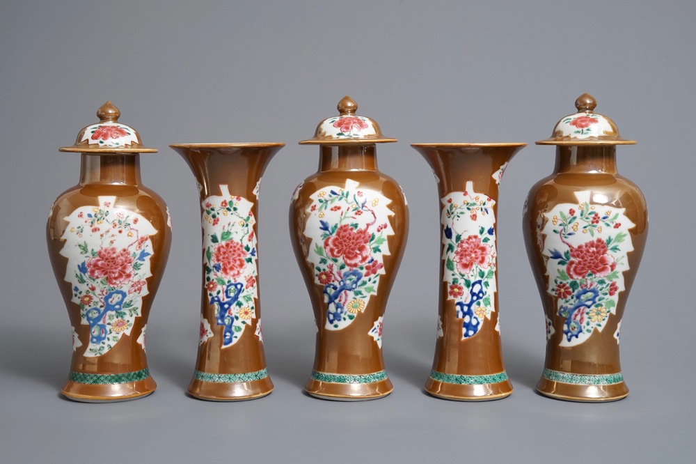 A Chinese capucin ground famille rose five-piece garniture with floral design, Qianlong
