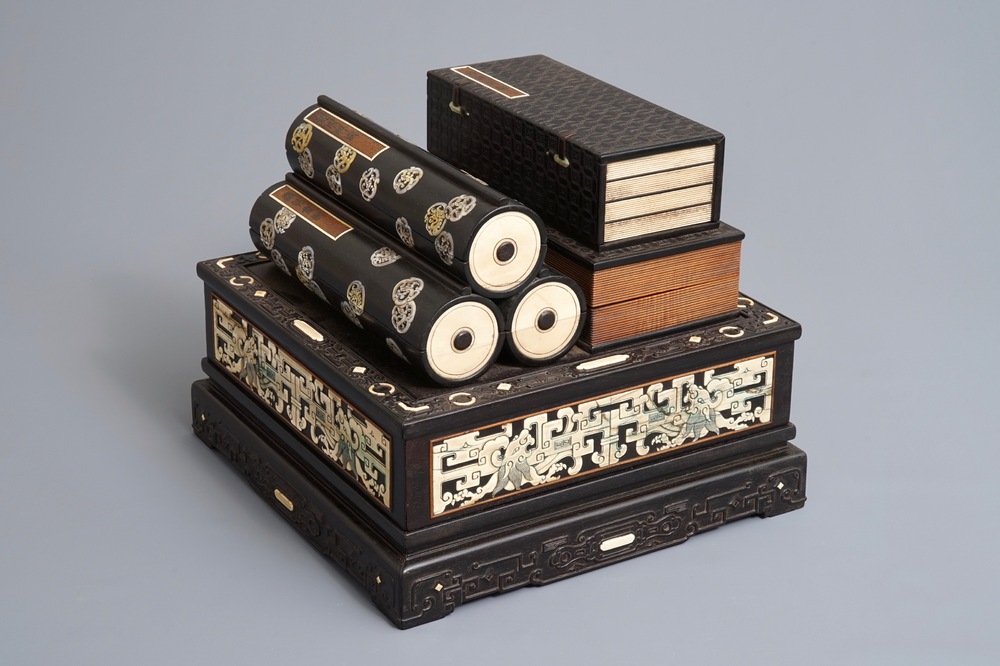 A Chinese bone and mother of pearl inlaid wood box with multiple compartments, 19th C.