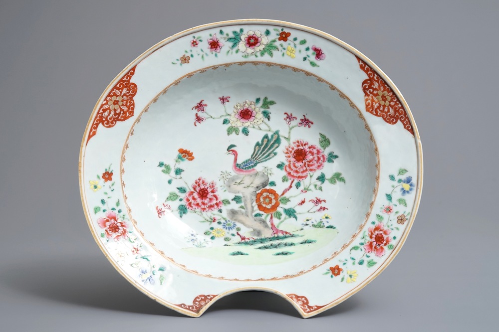 A Chinese famille rose shaving bowl with a peacock, Qianlong