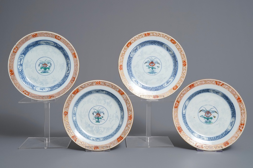 Four Chinese doucai plates with flowers and cranes, Yongzheng