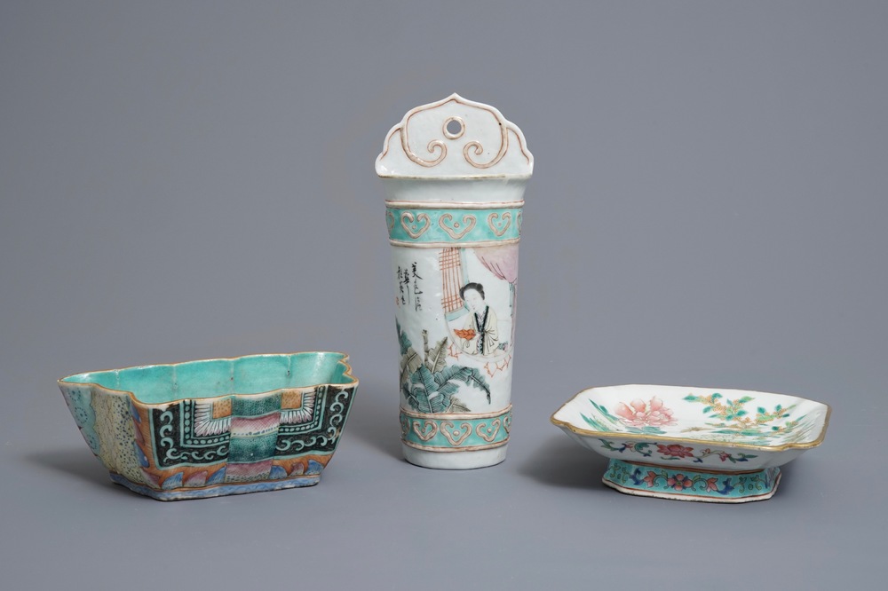 Two Chinese famille rose bowls and a wall hanging vase, 19th C.