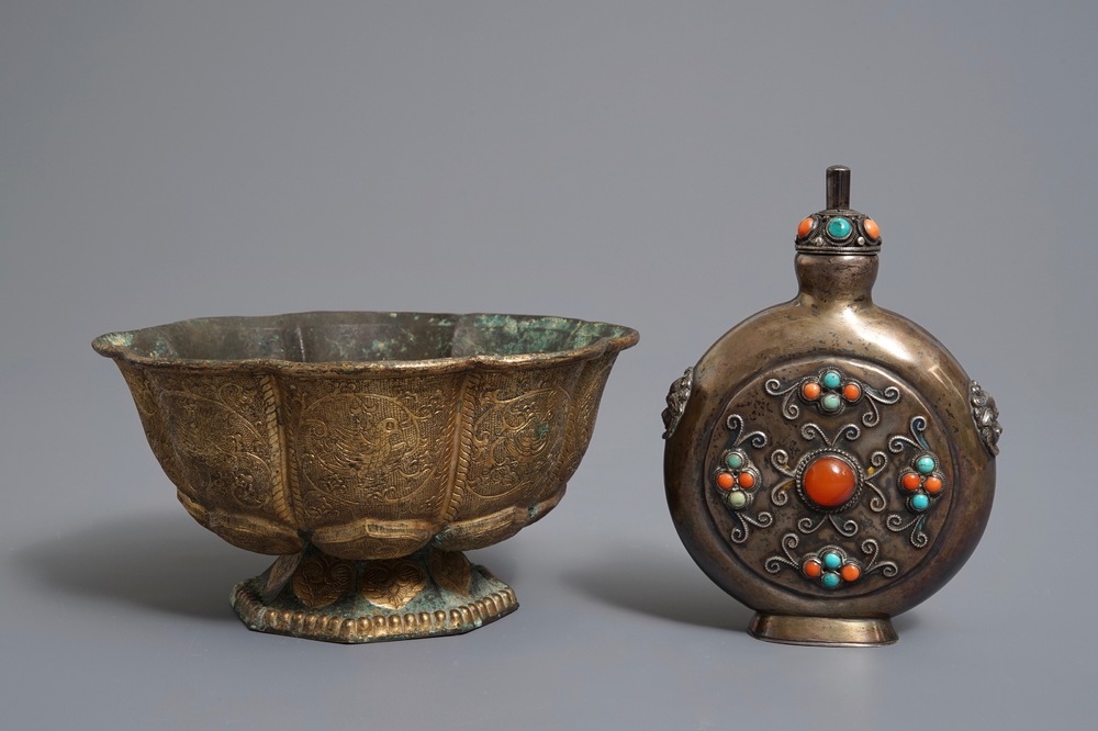 A gilt brass bowl and an inlaid silver flask, Tibet, 19/20th C.