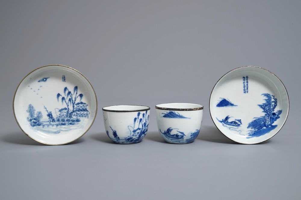 A pair of Chinese blue and white 'Bleu de Hue' Vietnamese market cups and saucers, Neifu marks, 19/20th C.