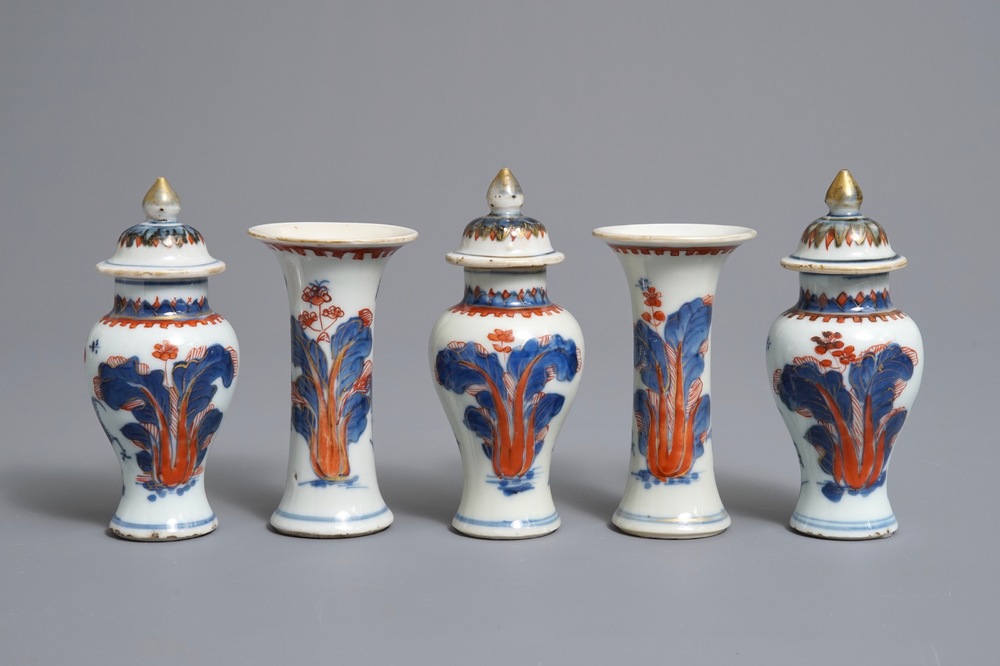 A Chinese Imari style five-piece miniature garniture with floral design, Kangxi