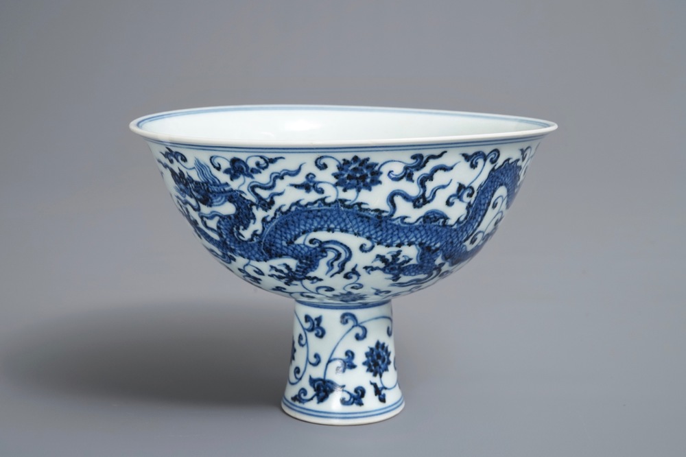 A Chinese blue and white 'dragon' stem cup, Xuande mark, 19/20th C.