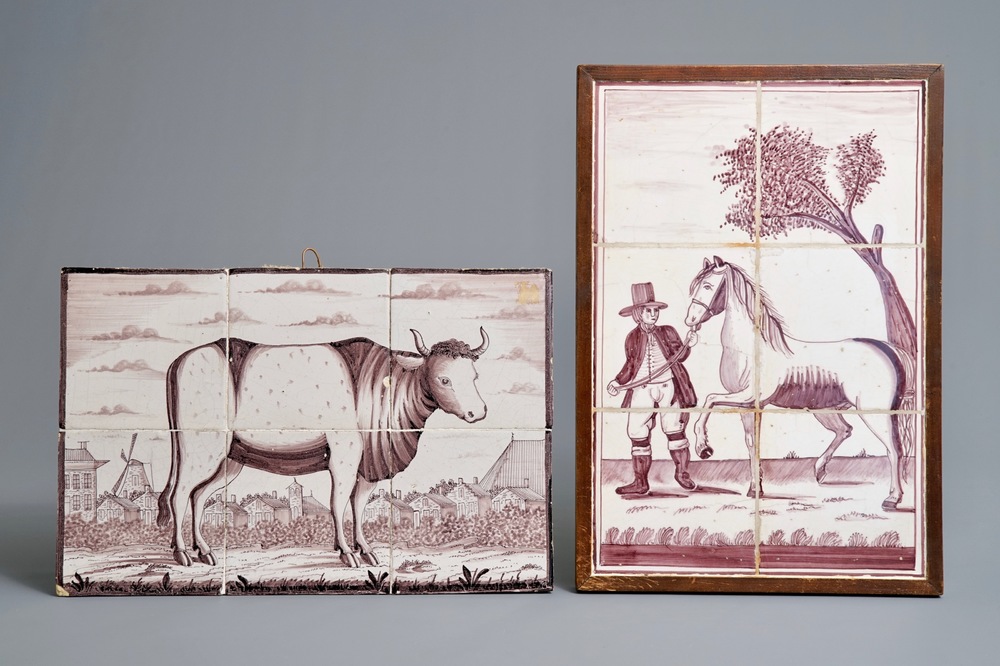 Twee mangane Delftse tegeltableaus met een stier en een man met paard, 19/20e eeuw