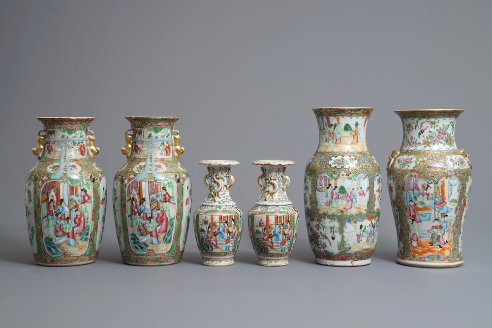 Six Chinese Canton famille rose vases, 19th C.