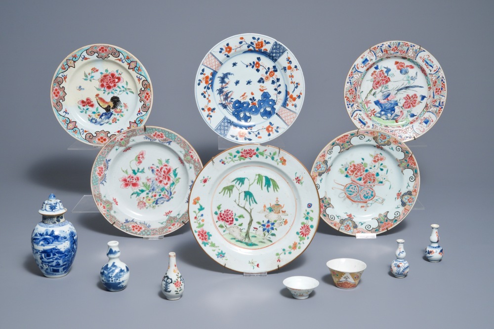 A group of various Chinese famille rose, blue and white and Imari-style wares, 18th C.