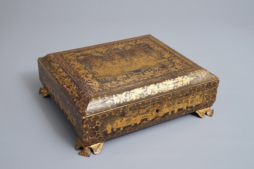 A Chinese Canton export lacquer games box with contents, 18/19th C.