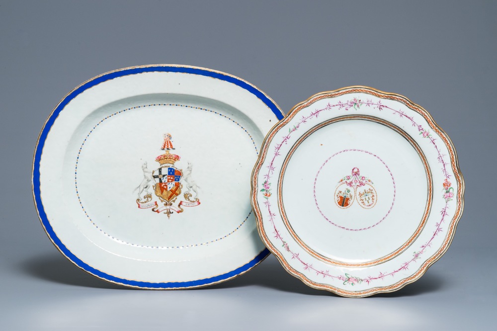 Two large Chinese famille rose armorial dishes, Qianlong