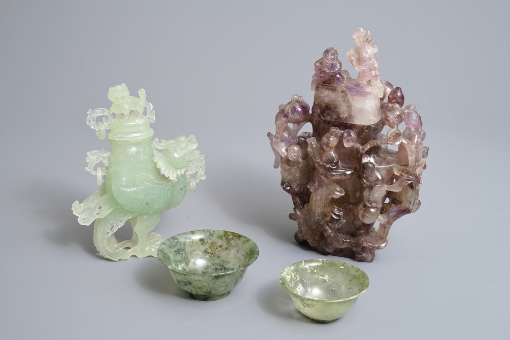 Two Chinese jade and amethyst covered vases and two bowls, 20th C.