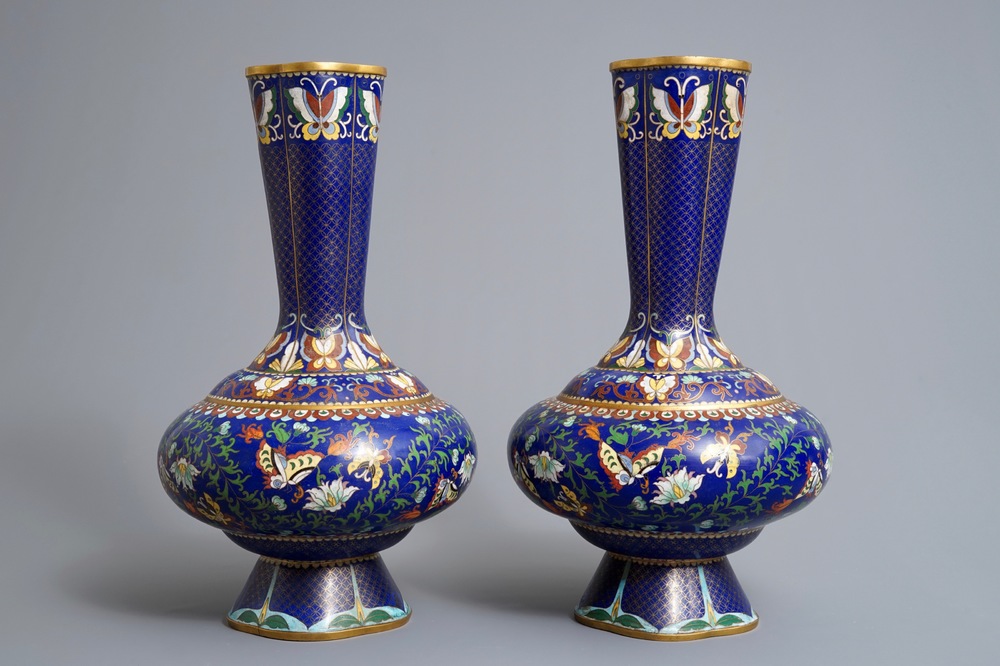 A pair of Chinese cloisonn&eacute; vases with butterflies and flowers, ca. 1900