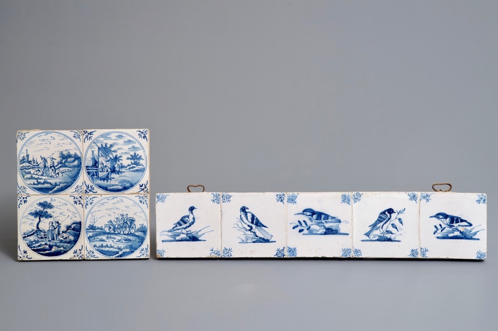 Five Dutch Delft blue and white bird tiles and four with fine medallions, 17th and 18th C.