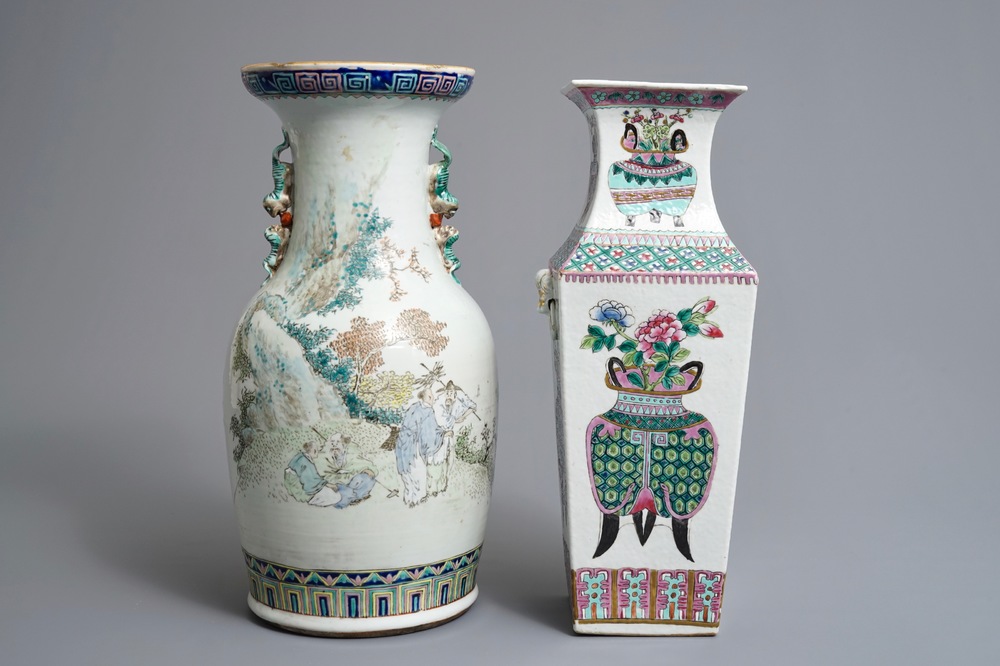 Two Chinese famille rose and qianjiang cai vases, 19th C.