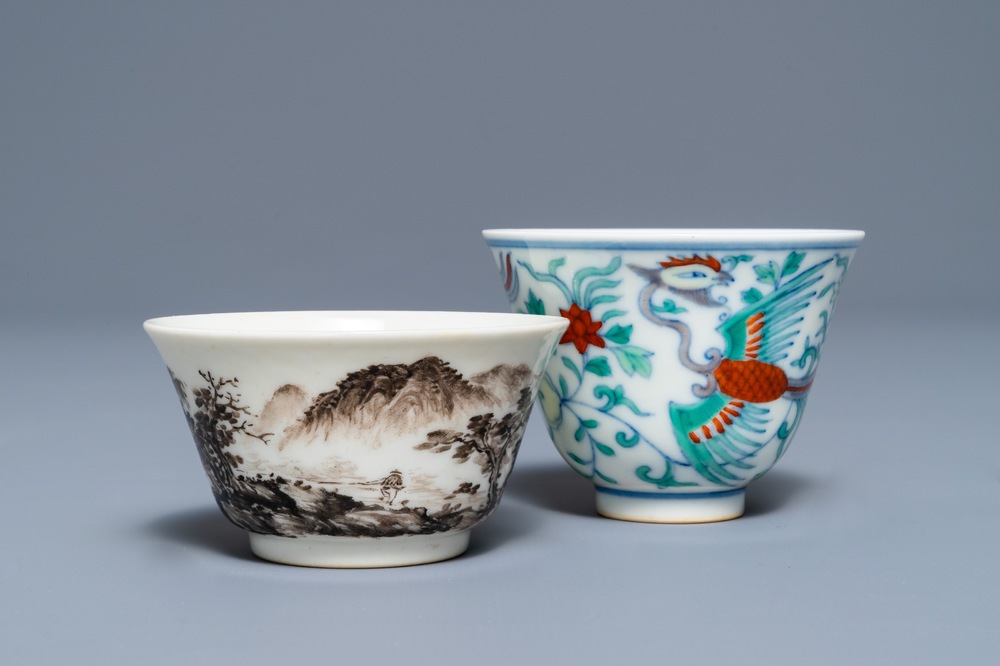 Two Chinese grisaille and doucai wine cups, Yongzheng marks, 19/20th C.