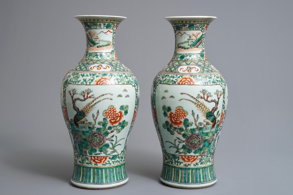 A pair of Chinese famille verte vases with pheasants among flowers, 19/20th C.