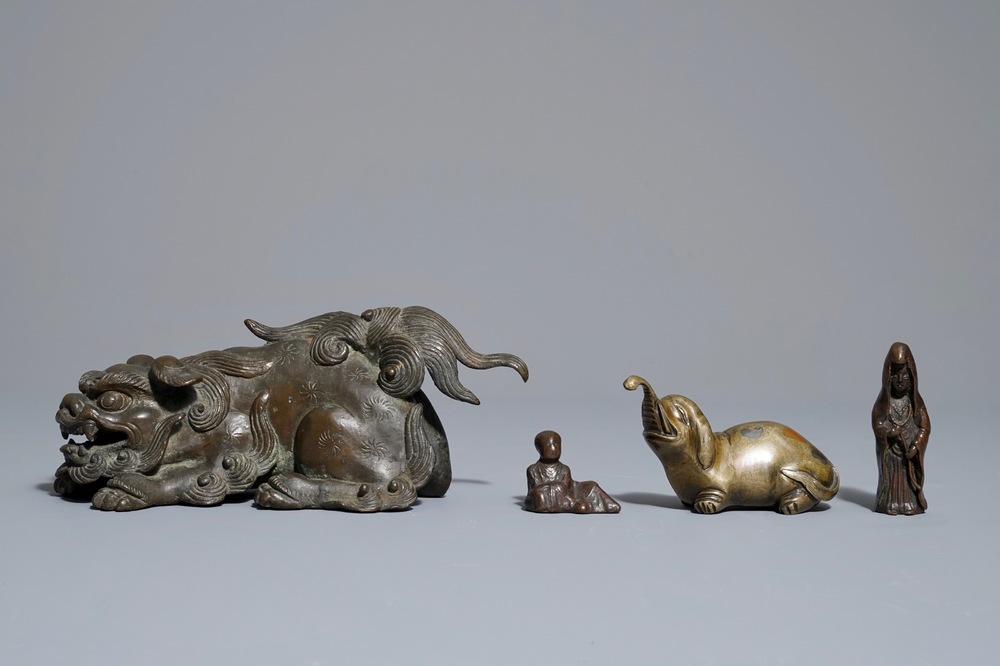 Four Japanese bronze okimono or scroll weights, Edo/Meiji, 18/19th C.