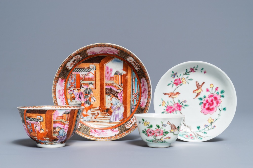 Deux tasses et soucoupes en porcelaine de Chine famille rose, Yongzheng/Qianlong