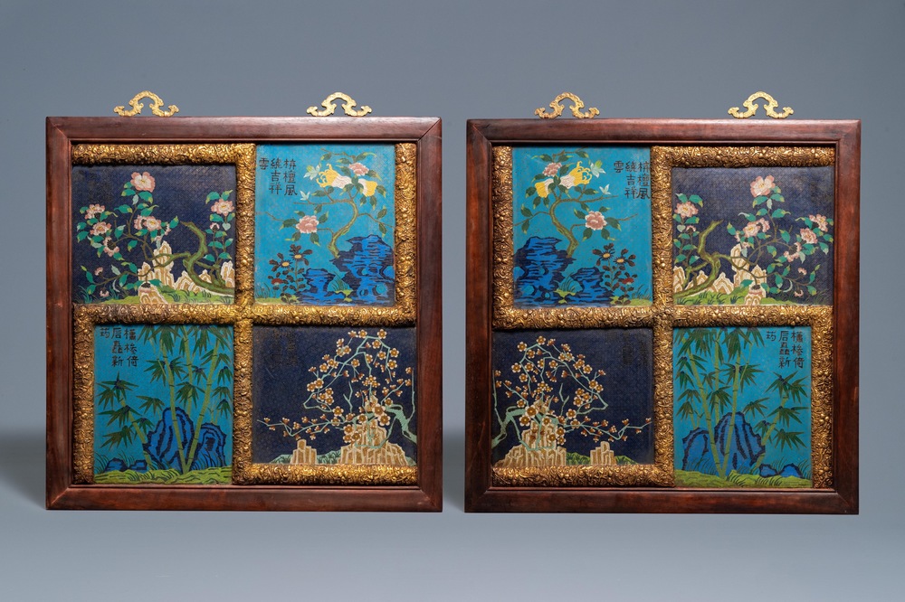 A pair of Chinese cloisonn&eacute; and gilt bronze inscribed panels, 19/20th C.